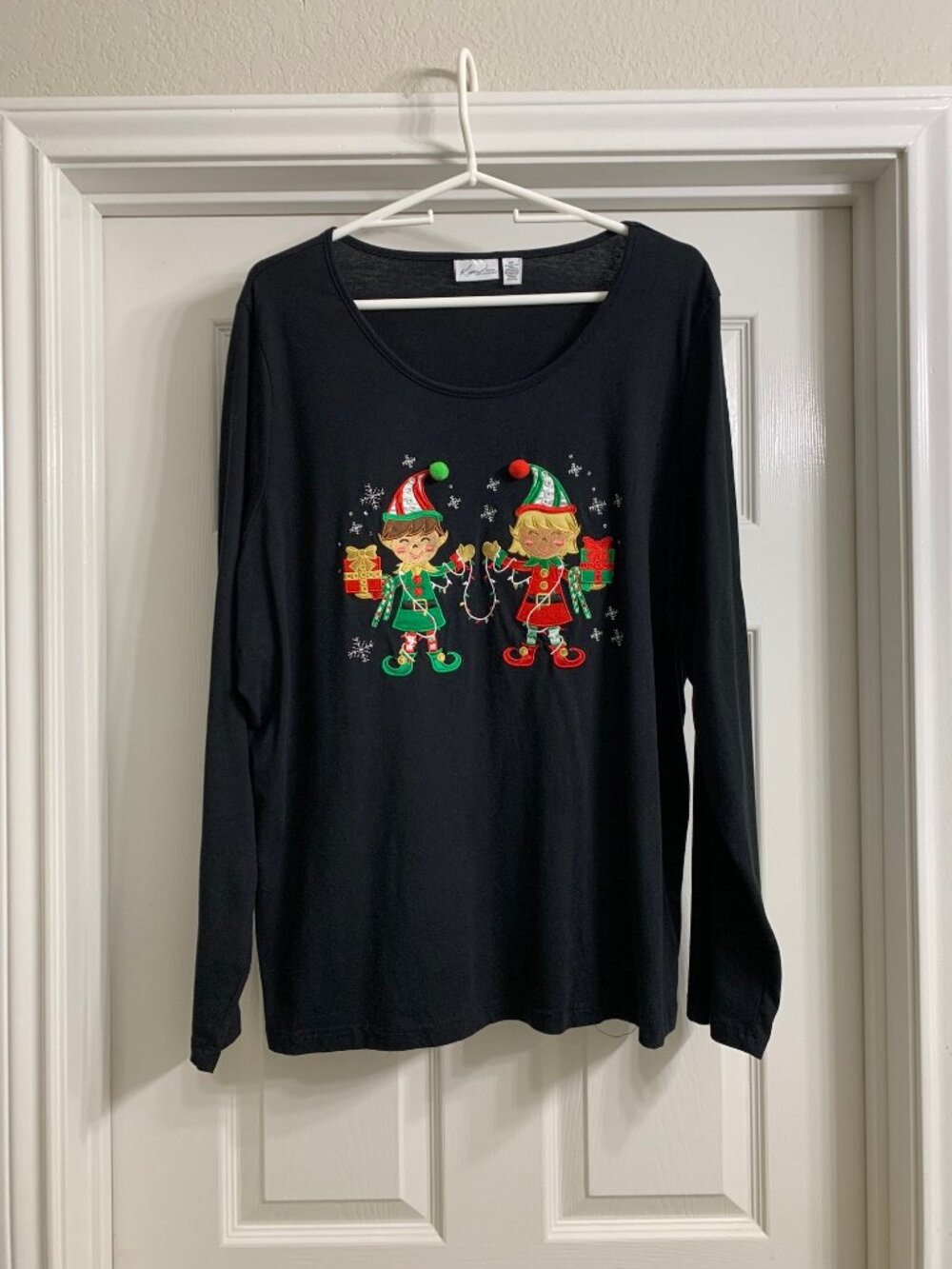 Kim Rogers Brand Women's Black Long Sleeve Shirt with Elves Design, Size 3X